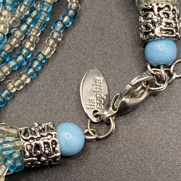 LIA SOPHIA Blue Coast Galss Seed Bead Choker Necklace With Green Enamel Pendant - Picture 3 of 7